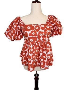 Lyn Burches Rust Brown Floral Puff Sleeve Peplum Blouse Boho Coquette Small